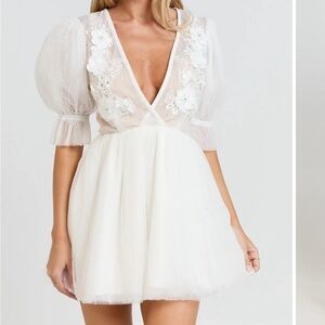 NWT Showpo Akshia Sheer Puff Sleeve Tulle Embroidered Mini Dress